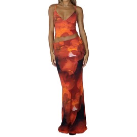JASASCCEL Women's Elegant Floral Print Maxi Skirt Sets Sexy V Neck Cami Crop Top Long Skirt 2 Piece Summer Going Out Outfits Multicoloured