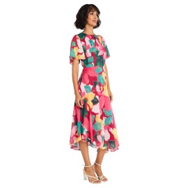 Maggy London Women's Short Flutter Sleeve Fit and Flare Dress with Asymmetric Hem Tier, Beetroot/Yellow