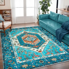 SERISSA Boho Area Rug 5x7 Blue, Washable Rugs for Living Room, Ultra Soft Non-Slip Bedroom Rug Print Distressed Vintage Tribal Farmhouse Carpet Rug for Dining Room Dorm Office Home Decor