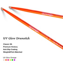 3-pairs(Orange),Neon UV Glow Drum Stick,Classic 5A Drum Stick, Hickory Drum Stick, for Acoustic or Electronic Drum, wood drumstick glow under black light on stage,cant glow in dark.School Season Gift.