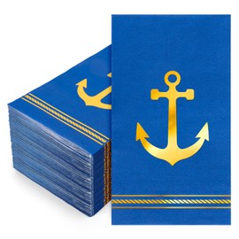 FYSUIMU 50 Pcs Blue Nautical Guest Napkins Gold Foil Anchor Disposable Napkins Dinner Hand Paper Napkin for Bathroom Birthday Holiday Party Table Supplies