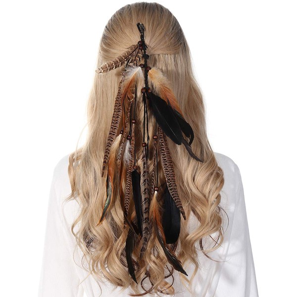 Hippie Feather Hair Extension Hair Clip Bohemian Feather Headband Hair Ties for Women Festival Headdress Feather Headwear (Black + pheasant feather)