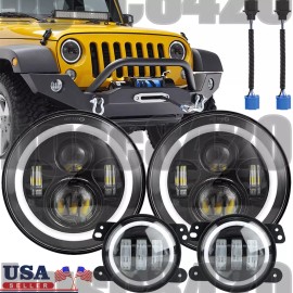 Unbranded 4pcs 7" DOT LED Headlights DRL + 4" Fog Light Combo For Jeep Wrangler JK 2007-17