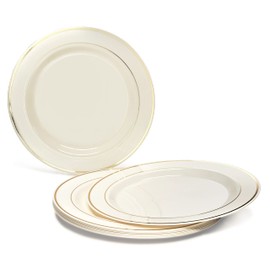 OCCASIONS 120 Plates Pack,(60 Guests) Heavyweight Premium Wedding Party Disposable Plastic Plates Set -60 x 10.5'' Dinner + 60 x 7.5'' Salad/Dessert (Ivory & Gold Rim)