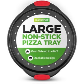 NutriChef 13-Inch Nonstick Pizza Tray - Round Carbon Steel Non-Stick Pizza Pan with Perforated Holes, Premium Bakeware Pizza Screen with Silicone Grip Handles, Dishwasher Safe - NCBPIZ1