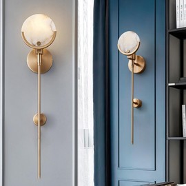 WOSBO Alabaster Wall Sconces 23.6" Mid Century Modern Wall Light Brass Double Discs Natural Marble Sconce Wall Decor Gold Wall Lamp for Living Room Bedroom Hallway Entryway (E12 Bulb Included)