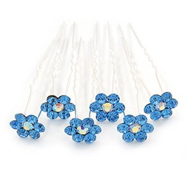 Bridal/Wedding/Prom/Party Set Of 6 Sky Blue Austrian Crystal Daisy Flower Hair Pins In Silver Tone
