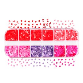 Mesiyun 12 Grids Nail Art Heart Red Glitters 3D Holographic Love Lip Nail Pink Sequins Decals Flakes for Valentines Day Nail Art Manicure Decorations