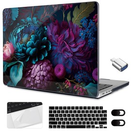 MEEgoodo Case for M3 MacBook Pro 16 inch Case 2023 2021 A2991 A2780 A2485 M2 M1 Pro/Max Chip,Clear Laptop Hard Shell with Keyboard Webcam Cover & Trackpad Film& Type C Adapter,Beautiful Fantasy Flower