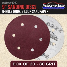 ProductionShop Premium 9" Red 6-Hole Pattern 80 Grit Sanding Discs, Box of 20 - Dustless Hook & Loop Backing Sandpaper for Drywall Power Sanders, Coarse-Cut Abrasive - Woodworking, Sand Auto Paint