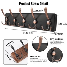 Gohiuo Rustic Coat Rack Wall Mount, Coat Hooks Wall Mount Wood Coat Rack with 5 Triple Hooks, Wall Mounted Coat Hanger for Entryway, Farmhouse Hanging Hats, Bags,Towels(Black Plate & Antique Hook)