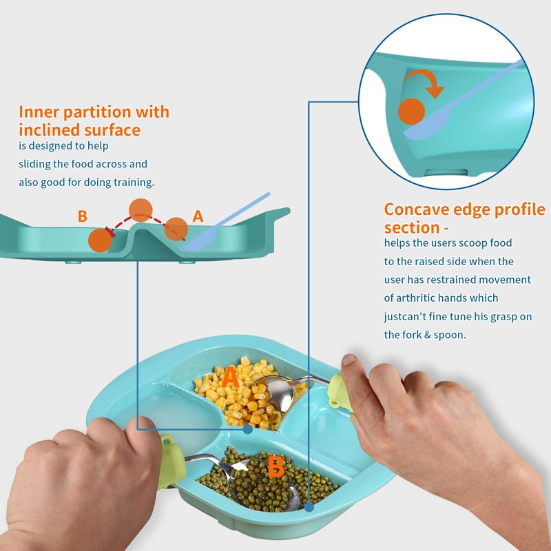 Ehucon Adaptive Utensils Scoop Compartment Deep Dinnerware with Extra Wall,