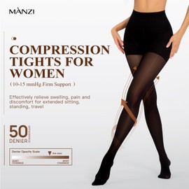 MANZI Compression Tights for Women Shaping Firm Support Pantyhose 50 Denier Pack of 1 Black Medium
