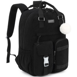 VANKANY Black Backpack for Teen Girls, Aesthetic Corduroy School Bag with 15.6" Laptop Compartment Cute Bookbag for Women College Students