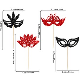 24 máscaras de máscaras, decoración para cupcakes, color negro y rojo, con purpurina, para fiestas de máscaras, carnaval, fiestas de nacimiento, cumpleaños, bodas, decoraciones de fiesta