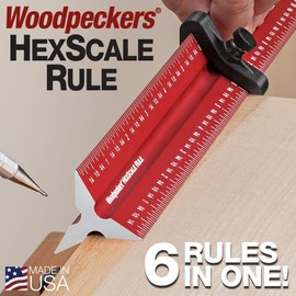 Woodpeckers Hexscale Rule, 24 Inch / 600MM, 6-in-1 Woodworking Ruler with Stop, Inch, Metric & Centering Scales, R2L & L2R Measuring, Architect Style