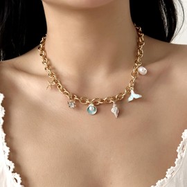 Sea Shell Starfish Charm Necklace for Women Gold Starfish Necklace Starfishs Conch Shell Pearl Fish Tail Pendant Choker Summer Beach Jewelry Costumes Accessories A