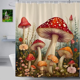 BCNEW Mushroom Shower Curtain Red Jungle Plant Misty Forest Flower Fairy Tale Wonderland Bathroom Curtain with Hook