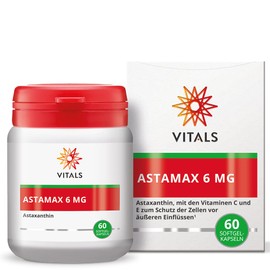 Vitals - Astamax 6mg Astaxanthin 60 Softgel-Kapseln Hochdosiert. Natürliches Astaxanthin aus Algen mit Vitamin C und E. Mit AstaReal vom Astaxanthin-Experten AstaReal