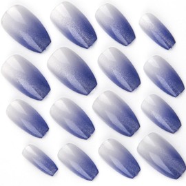Short Press on Nails Coffin Fake Nails with Cat Eye Designs Acrylic Nails Press ons Glossy Glue on Nails Gradient Acrylic Nails Blue False Nails Artificial Stick on Nails for Women 24Pcs