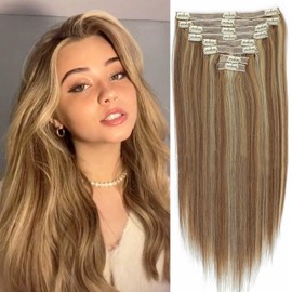 Clip in Human Hair Extensions Real Hair Extensions Straight Chestnut Brown Mixed Bleach Blonde Remy Hair Extensions Clip in Human Hair Natural Real Hair Extensions 120g 8pcs (18inch #6/613)
