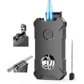 5-in-1 Torch Lighter with Tool, Holder, Punch, Draw Enhancer Tool, Double Jet Flame, Windproof Lighters, Gifts for Men, Rechargeable Refillable Butane Lighter, Cool Lighters for Men Candles (Gray)