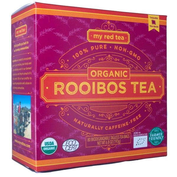 Rooibos Tea, USDA Certified Organic Tea, MY RED TEA. Tagless South African, 100% Pure, Single Origin, Natural, Farmer Friendly, GMO and Caffeine Free (80)