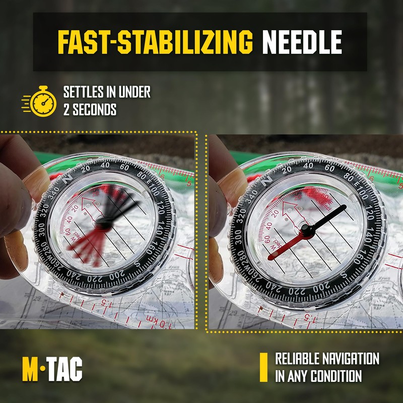 M‑Tac Liquid Filled Baseplate Compass – Glow‑in‑Dark Orienteering/Map‑Reading Compass for