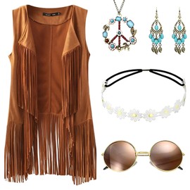 Alaiyaky Ropa Hippy para Mujer, 6 Piezas Ropa Hippie Chaleco con Flecos Y Accesorios Hippie con Collar Pendientes Diadema Gafas, Traje de Disfraces Retro Años 80 para Fiestas Retro (Tipo A, M)