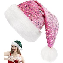 Pink Sequined Santa Hat Shiny Christmas Hat, Unisex Soft Plush Deluxe Xmas Santa Claus Hat, Velvet Comfy Santa hat for Santa Claus Fancy Dress, Christmas New Year Party, Xmas Tree Decorations Adults