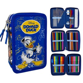 CARTOON 44 Pcs Multi Compartment Pencil Case with 3 Zippers for School Pencils Crayons Felt Tip Pens Giotto, Donald, pencil case