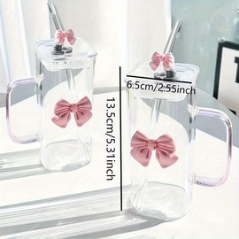 Bowknot Design Glass Cup, Cute Water Bottle with Handle, Drinking Cup for Home Office School, Gift for Girls, Drinkware:_Green bow_1 Count