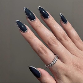 Press on Nails Medium Almond Fake Nails with Dark Blue Shiny Designs Stick on Nails Glossy Reusable Artificial Acrylic Full Cover False Nails for Women 24 Pcs (Dark Blue-9, M-09)