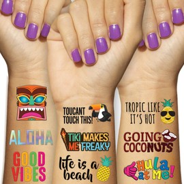 Luau Theme Temporary Tattoos - Hawaii - Aloha -Tropical - Tiki - Summer Themed Beach and Pool Party Decoration, Favors & Supplies