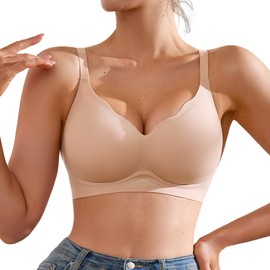 DEANGELMON Scalloped V Neck Wireless Bras for Women Seamless No Underwire Full Coverage Push Up Bras Soft Comfort Bralettes(ApricotPink,L)