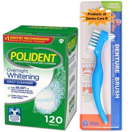 Polident Overnight Whitening 120 Tablets Easily Remove Stains Plaque Bundle With Dentu-Care Denture Brush Specifically Designed To Gently Clean Full Partial Dentures