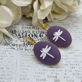 FANCY FOX BOUTIQUE Purple White Dragonfly Bright Gold Boutique French Wire Cameo Earrings Wedding