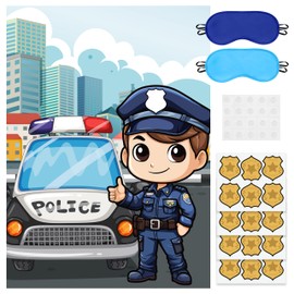 EmmgHen Pin the Badge On the Policeman Party Game Large Cartoon Police Car Sheriff Poster with 24Pcs Badge Stickers Blindfolds Detective Officer Cop Themed Birthday Party Activity Decorations Supplies