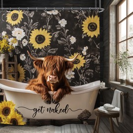 Yookeb Funny Highland Cow Bull Bathroom Shower Curtain 60W by 71H Inch Rustic Farmhouse Sunflower Get Naked Animal Hilarious Polyester Fabric 12 Plastic Hooks Waterproof Decor