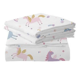 MUSOLEI Unicorn Fitted Sheet Set Full Unicorn Bedding Girls Rainbow Star Sheet Pink Flower Bedding Set 1 Deep Pocket Fitted Sheet with 1 Pillowcase Multi-Colour Kids Girls Gift Twin