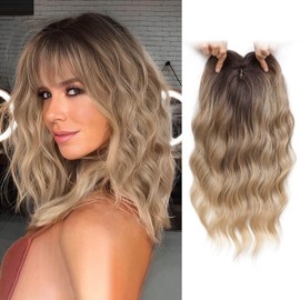 Flyroseing Hair Topper, 6.5x6.5" Large Base Hair Toppers for Thinning Hair Women, 14 Inch Hair Topper with Fringe for Hair Loss Ombre Dark Blonde Wavy Synthetic Wiglets Hair Pieces for Women