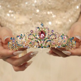 Rannyrena Sparkling Crystal Tiara Crown for Women Gorgeous Rhinestone Bridal Wedding Headband with Combs Elegant Birthday Party Prom Hair Accessories (Gold-multicolor, Standard)