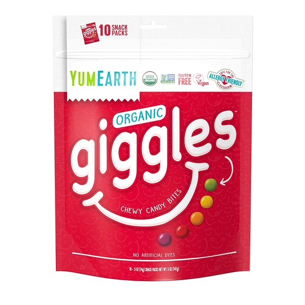 YumEarth Organic Giggles Chewy Candy, Fruit Flavored, 10 Snack Packs per bag - Allergy Friendly, Non GMO, Gluten Free, Vegan