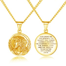 NewZenro Jesus Bible Verse Prayer Golden Necklace for Mens with 21.6" Chain Christian Jewelry Stainless Steel Personality English Engraved Coin Disc Medal Pendant (golden plated)