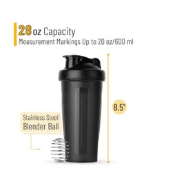 Sports bottle, shaker with 750 ml capacity, includes a metal ball for easier mixing of supplements, ml and oz scale on one side, product made from PP, PE and metal