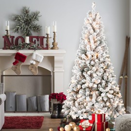 Liguanow 4ft Pre-lit Artificial Christmas Tree with Warm White Lights, Snow Flocked Small Fake Christmas Tree, Prelighted Xmas Tree with 233 Branch Tips, 100 Lights & Foldable Stand