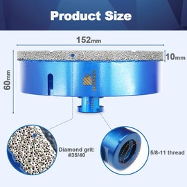 6 Inch Diamond Core Drill Bit for Porcelain Tile Ceramic Marble Granite Drilling,BRSCHNITT 1pc Vacuum Brazed Diamond Hole Saw with 5/8-11 Thread (152mm)