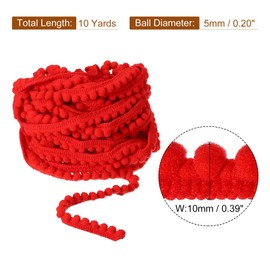 sourcing map 10 Yards Pom Pom Ball Fringe Trim, Ribbon Sewing Accessory DIY Crafts for Home Curtain Clothes Pillow Decoration (5mm, Red)