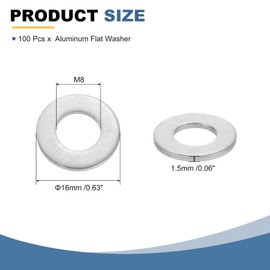 sourcing map 100Pcs Aluminum Flat Washer, M8x16x1.5mm Round Seal Gaskets Flat Spacers for Screws Bolts Machinery Repair Accessories, Outdoor Construction