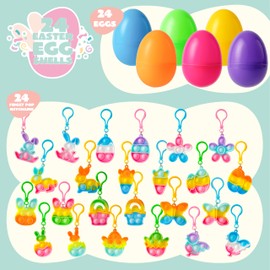 JOYIN 24 Pcs Prefilled Easter Egg with Mini Pop Fidget Bubble Keychain for Kids, Fidget Sensory Stress Relief Toy for Easter Basket Stuffers, Easter Egg Hunt, Easter Party Favors